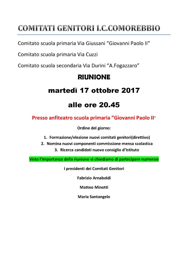 RIUNIONE COMITATO GENITORI OTTOBRE 2017